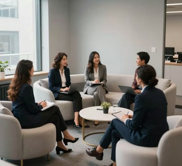 A high-angle photography shot of a collaborative lounge area in a modern North American office. Soft light reflects off light grey walls and off-white furniture, creating a calm and professional atmosphere.