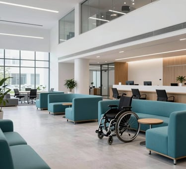 A bright photography shot of a modern office lobby in North America, featuring clean lines, light grey flooring, and comfortable teal seating areas designed for accessibility.