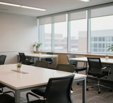 A lifestyle photography shot of a clean, modern breakroom in a North American office, with off-white tables and large windows letting in abundant natural light.