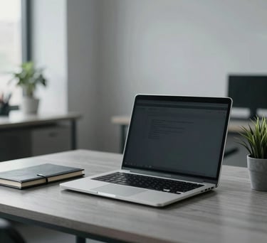 A clean, organized desk in a modern North American office featuring a laptop, a notebook, and a small plant, with soft light gray and charcoal tones in the background.