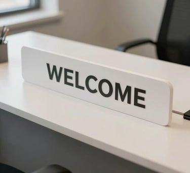 A close-up photograph of a clean, minimalist welcome desk in an employment agency. The setting is North American, featuring polished surfaces in off-white and subtle dark grey accents, with soft natural lighting.