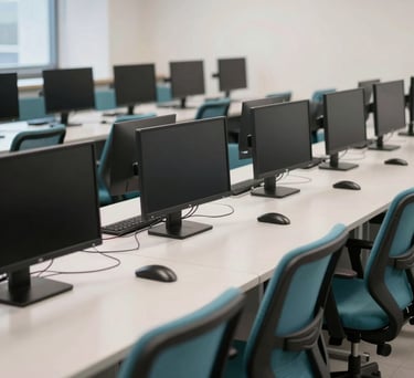 A photography shot of a bright, modern computer lab in the US, with rows of clean off-white desks and teal ergonomic chairs, suggesting a focus on technology and education.