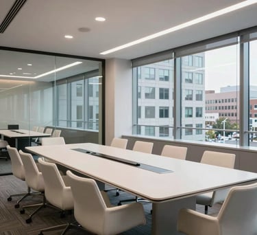 A wide photography shot of a bright conference room in a US professional building, featuring glass walls, off-white furniture, and a view of light grey urban architecture.