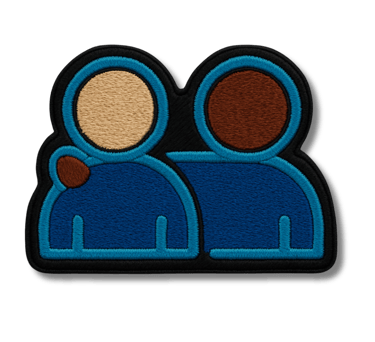 embroidered image of friends hugging