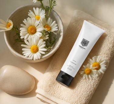 White tube of natural face cleanser on a beige towel with fresh chamomile flowers and a smooth stone.