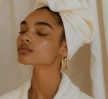 A woman with glowing skin wears a white towel turban and gold hoop earrings for a luxury spa skincare routine.
