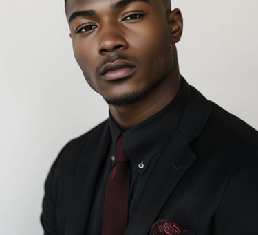 Professional portrait of a handsome Black man in a black tailored suit with a maroon tie.