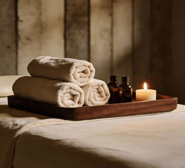 Rolled white spa towels with essential oil bottles and a lit candle on a wooden tray.
