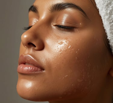 Woman with glowing, hydrated skin and water droplets on her face after a skincare routine.
