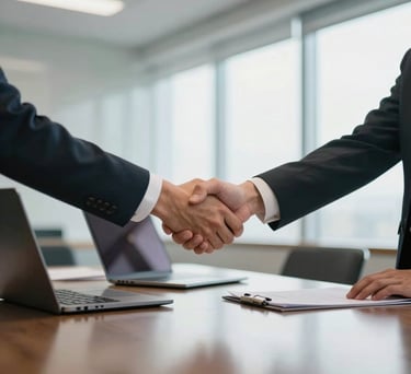 A close-up photograph of a professional meeting in a bright, modern North American conference room. Two people are shaking hands over a sleek table with a laptop, reflecting a partnership. The lighting is crisp and natural, emphasizing a mood of global connectivity and mutual respect.
