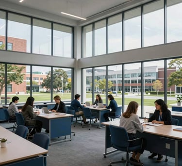 A wide photography shot of a collaborative research space in an international university. Modern architecture with large glass windows overlooking a campus. Grey blue and navy blue tones in the furniture. Clear daylight.