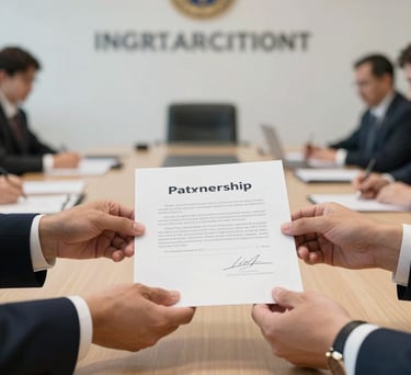 A focused shot of two pairs of hands exchanging a signed academic partnership document. The setting is a bright, professional conference room in an international institution. Soft, natural daylight.