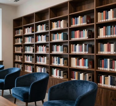 A minimalist, modern library interior with dark wood bookshelves and blue velvet chairs. The lighting is soft and conducive to deep focus and academic rigor.