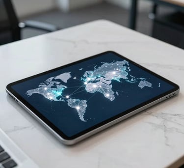 A close-up of a digital tablet displaying a global connectivity map with glowing nodes, sitting on a clean, white marble desk in a North American office setting. Professional and sleek lighting.