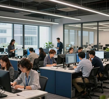 An interior shot of a collaborative workspace with glass walls and dark blue furniture. Small groups are working together in a high-tech North American research environment.