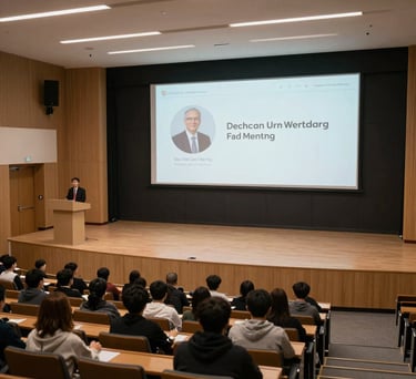 A wide shot of a modern university auditorium during a lecture. The lighting is focused on the stage, reflecting an atmosphere of academic excellence and leadership training.