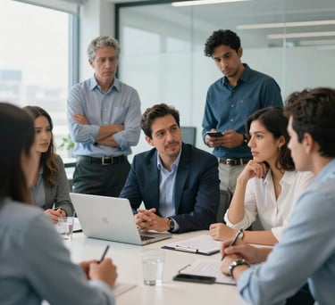A group of Latin American entrepreneurs engaged in a dynamic brainstorming session in a bright, modern office with soft blue accents, professional atmosphere.