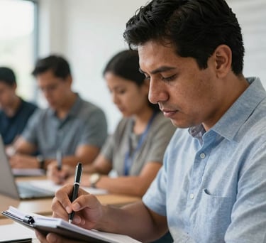A close-up of a Latin American professional taking notes during a training workshop, focused expression, shallow depth of field, natural office lighting.