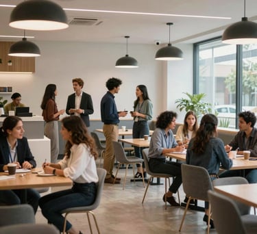 A bright cafeteria or networking area in a coworking space, people interacting professionally, modern architecture, Latin American setting.