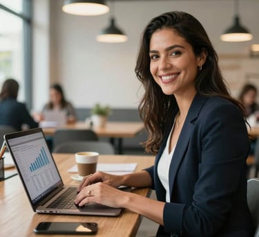 A successful Latin American entrepreneur, a woman in her late 20s, smiling confidently, working on a laptop in a modern co-working space. The laptop screen displays a business chart, and there's a cup of coffee nearby. Soft, natural light fills the space. The style is modern and professional.