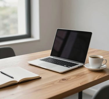 A clean, minimalist workspace with a laptop, coffee cup, and a notebook on a light wood desk, soft light coming from a window in a Latin American office.