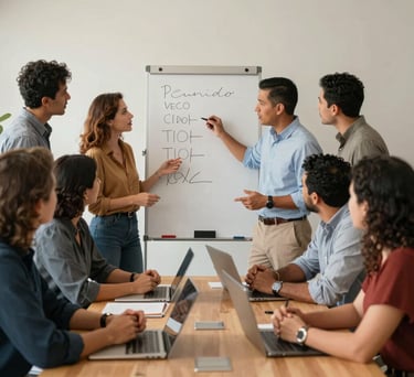 A group of diverse Latin American entrepreneurs, ranging from early 30s to 40s, collaborating animatedly around a table in a bright, contemporary meeting room. They are discussing ideas and actively using a whiteboard. The composition is dynamic, and the lighting is warm, conveying a professional and inspiring atmosphere.