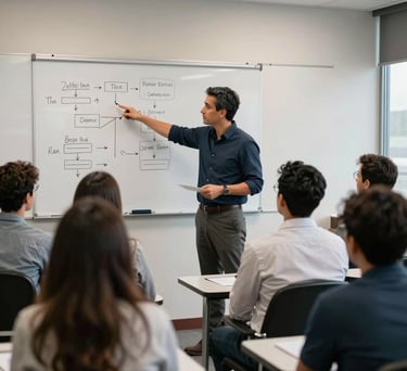 A small group session where a mentor is pointing at a whiteboard with diagrams, entrepreneurs listening attentively in a modern Latin American classroom.