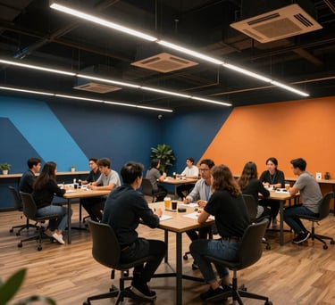 An wide shot of a modern training hall with entrepreneurs seated at collaborative tables, warm lighting, blue and orange brand colors visible in the decor.