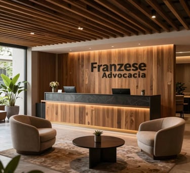 Wide shot of the professional reception area at Franzese Advocacia, modern furniture, South American / Brazilian architectural style.