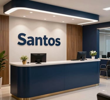 Elegant reception area of a law firm in Santos, Brazil, featuring professional decor and Deep Navy branding elements.
