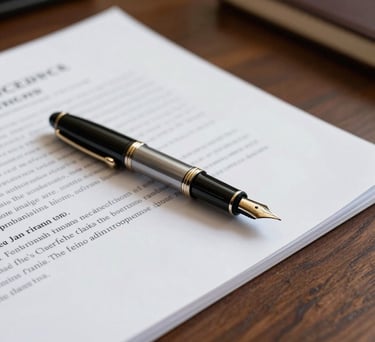 Close-up of a high-end fountain pen resting on legal documents on a dark wood desk in a Brazilian law office, soft natural lighting.