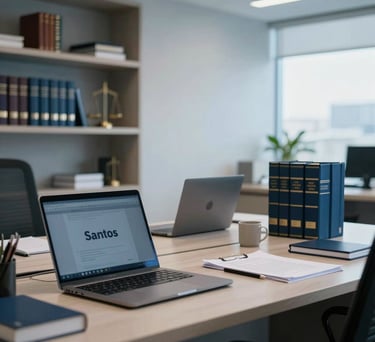 A modern law office workspace in Santos, featuring tidy desks, laptops, and professional legal books, Steel Blue color palette.