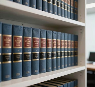 A bookshelf filled with classic legal volumes in a modern office in Santos, Brazil, Steel Blue and Soft White tones, professional photography.