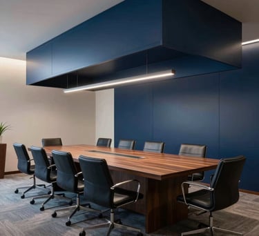 Interior of a modern conference room in a law firm in Vila Nova, Santos, view of architectural details, Steel Blue and Deep Navy palette.
