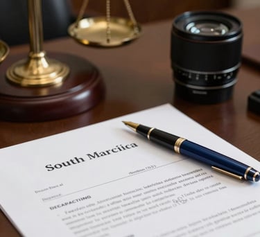 Close-up of a legal document and a high-end pen on a desk in a South American / Brazilian law office, professional Soft White and Deep Navy lighting.