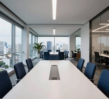 Modern office interior in Santos, Brazil, showing a clean white meeting table with dark blue chairs, professional lighting, and a view of the city, high-end architectural photography.