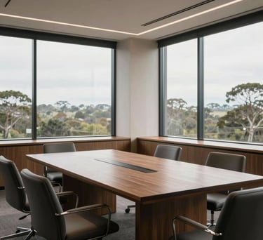 An interior shot of an elegant, minimalist law office boardroom in Oceania / Australian style, with large windows and comfortable seating for private consultations.