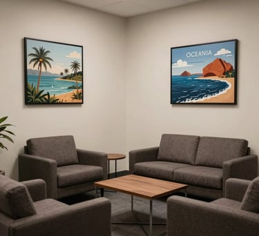 A quiet, professional waiting area in a law firm with comfortable seating and Oceania / Australian art on the walls, designed for client comfort and privacy.