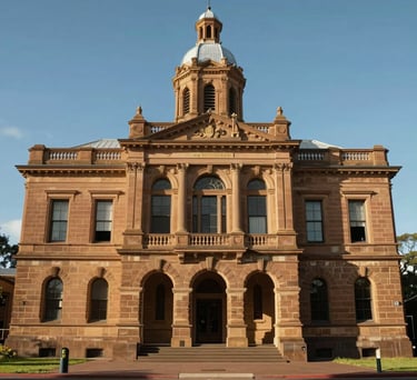 A wide-angle shot of a historic sandstone courthouse facade in Oceania / Australian architectural style, representational of the justice system and stability.