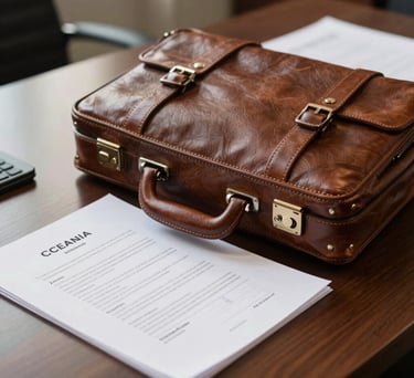 A close-up of a high-quality leather briefcase and professional legal documents on a dark wood desk in an Oceania / Australian law office, soft morning light, professional and organized atmosphere.