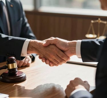 Hands of a lawyer and a client shaking across a desk in a warm, sunlit Oceania / Australian office, conveying trust and mutual agreement.