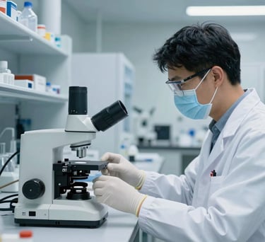 A bright, professional laboratory setting in North America / US where scientists work with modern equipment, accented with professional dark blue tones.