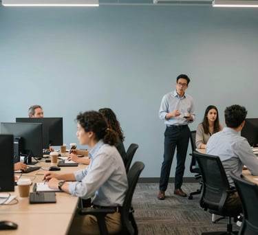 A wide shot of a collaborative workspace in a North American / US office, showing professionals in discussion against a muted light blue wall.