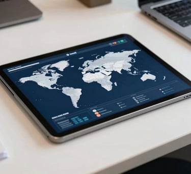 A close-up photograph of a professional office desk in a North American / US office, featuring a tablet displaying global data maps, with a professional dark blue and off-white color palette.