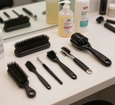 A photography shot of high-quality grooming tools including brushes and safe shampoos arranged on a clean, off-white surface in a professional US pet salon.