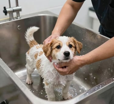 An action shot of a professional groomer gently washing a small puppy in a modern, clean stainless steel tub in a North American pet spa.