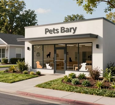 A photography shot of the exterior of a stylish, modern pet care facility in a US suburban neighborhood, featuring clean lines and inviting green landscaping.