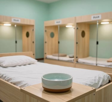 A detailed photograph of a premium pet boarding suite in a North American facility, featuring a cozy bed, fresh water in a ceramic bowl, and soft mint green walls with warm lighting.