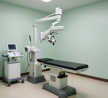 A wide-angle photography shot of a modern, clean veterinary exam room in the US, featuring state-of-the-art equipment and pale moss green walls.