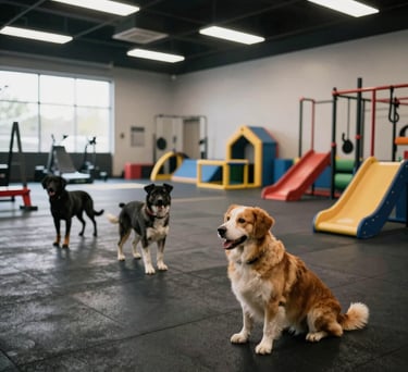 A photograph of a spacious indoor exercise area for dogs with rubber flooring and colorful play equipment in a professional North American training center.